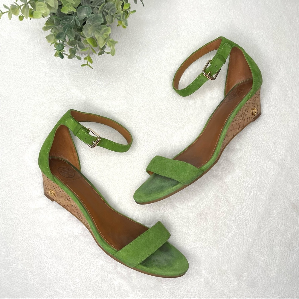 Tory Burch Savannah Soho Suede Wedge Sandals 8.5 Spring Green Cork Open Toe
